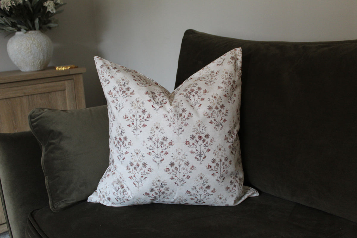 Ivory Floral Cotton Cushion Cover with Vintage Botanical Pattern