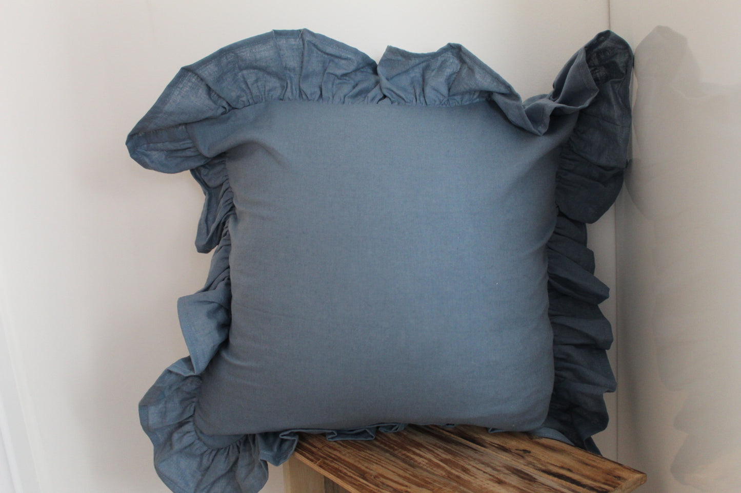 Blue ruffle linen Cushion with duck feather insert 45x45cm , Light blue frilly throw pillow, Blue country fringe cushion with insert