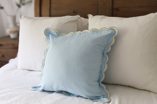 Blue scalloped edge cushion with duck feather insert 45x45cm
