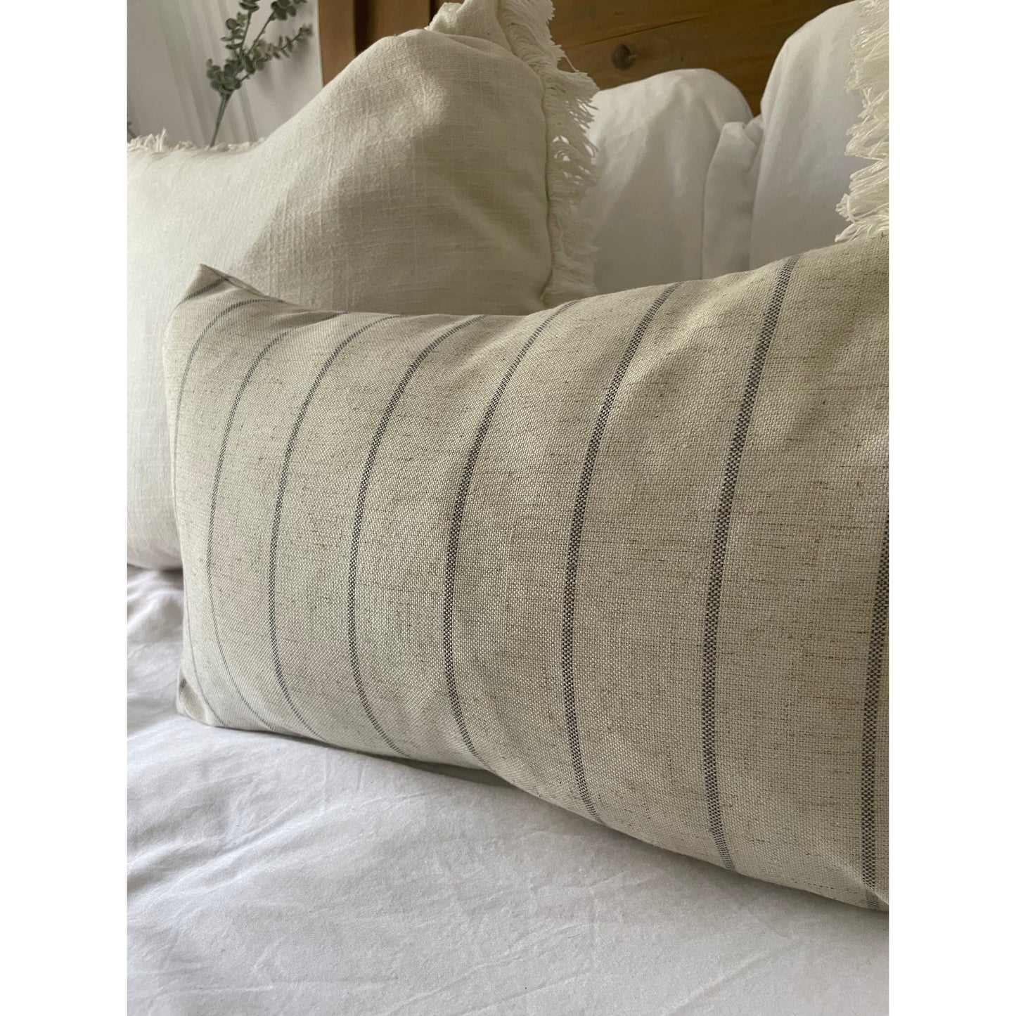 Ivory and grey linen stripe lumbar country style cushion cover 50 x 30cm