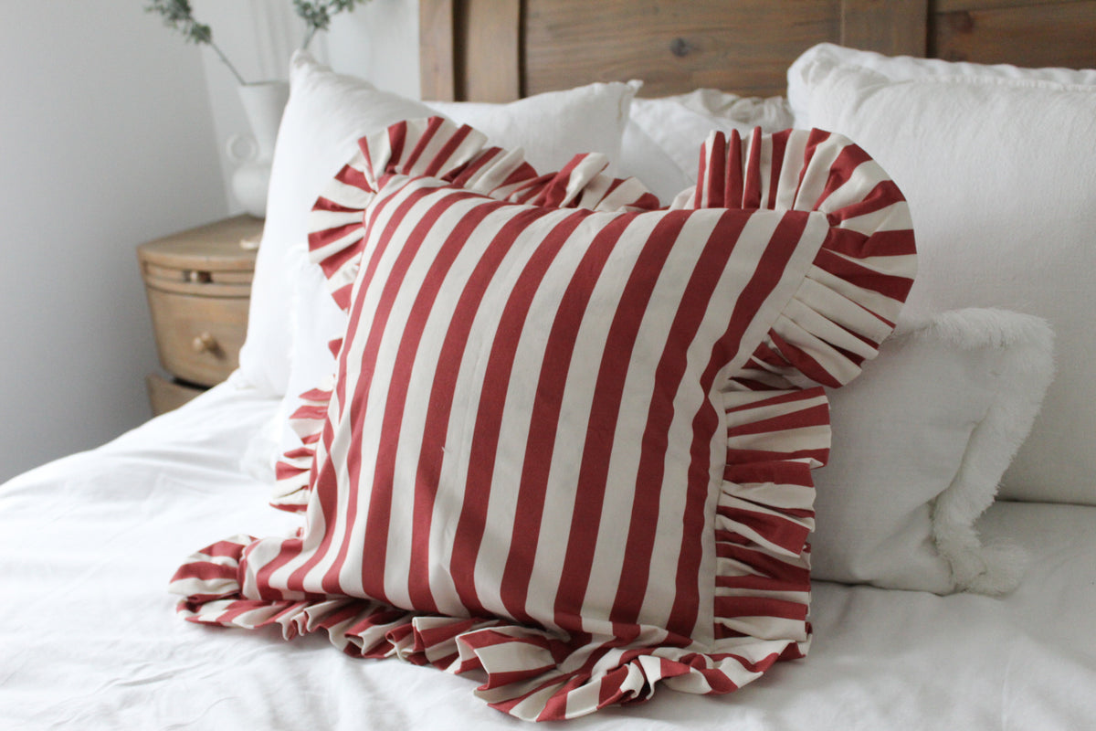Red stripe ruffle cushion