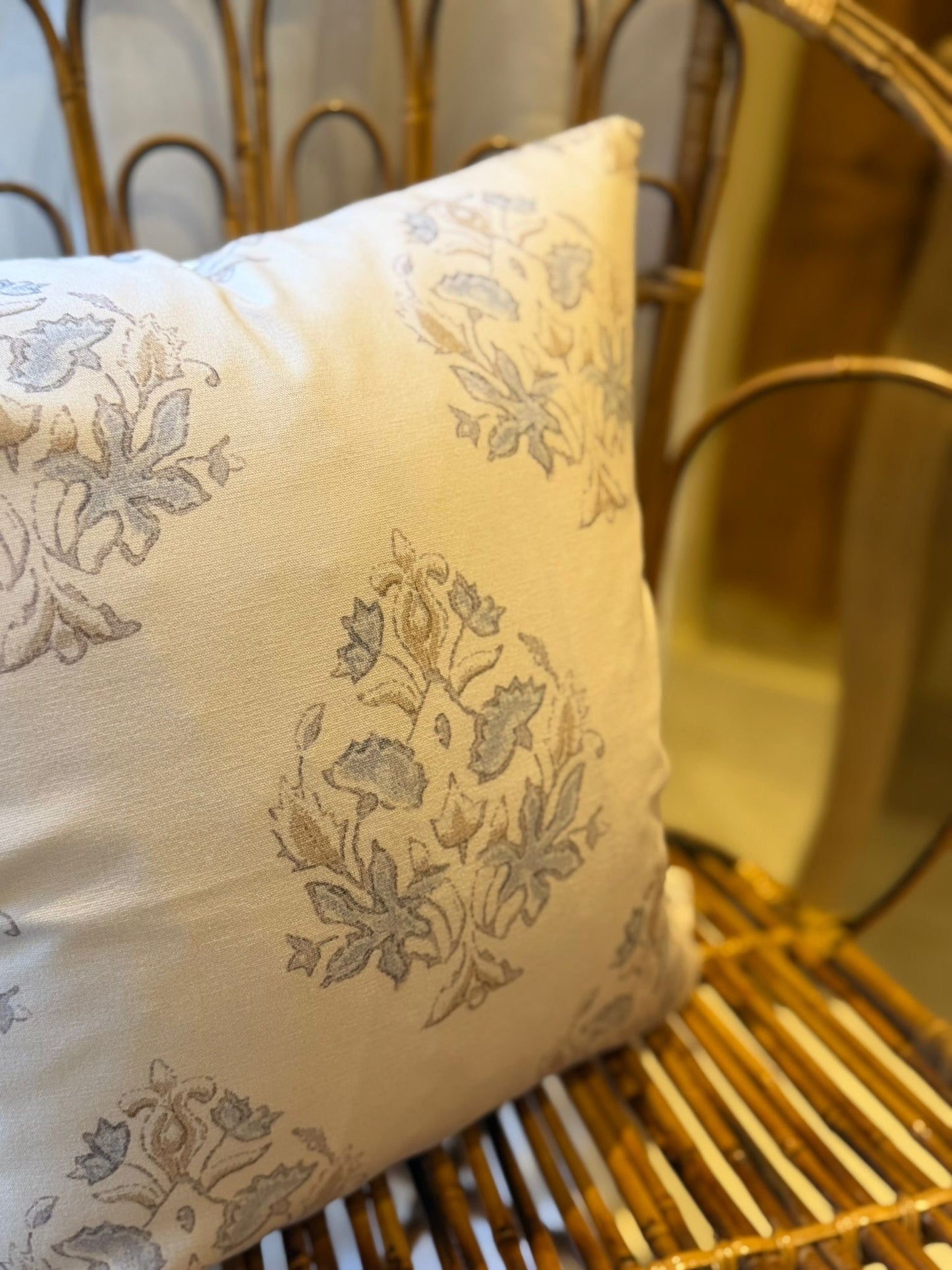 Light grey and blue cotton floral cushion 45 x 45cm