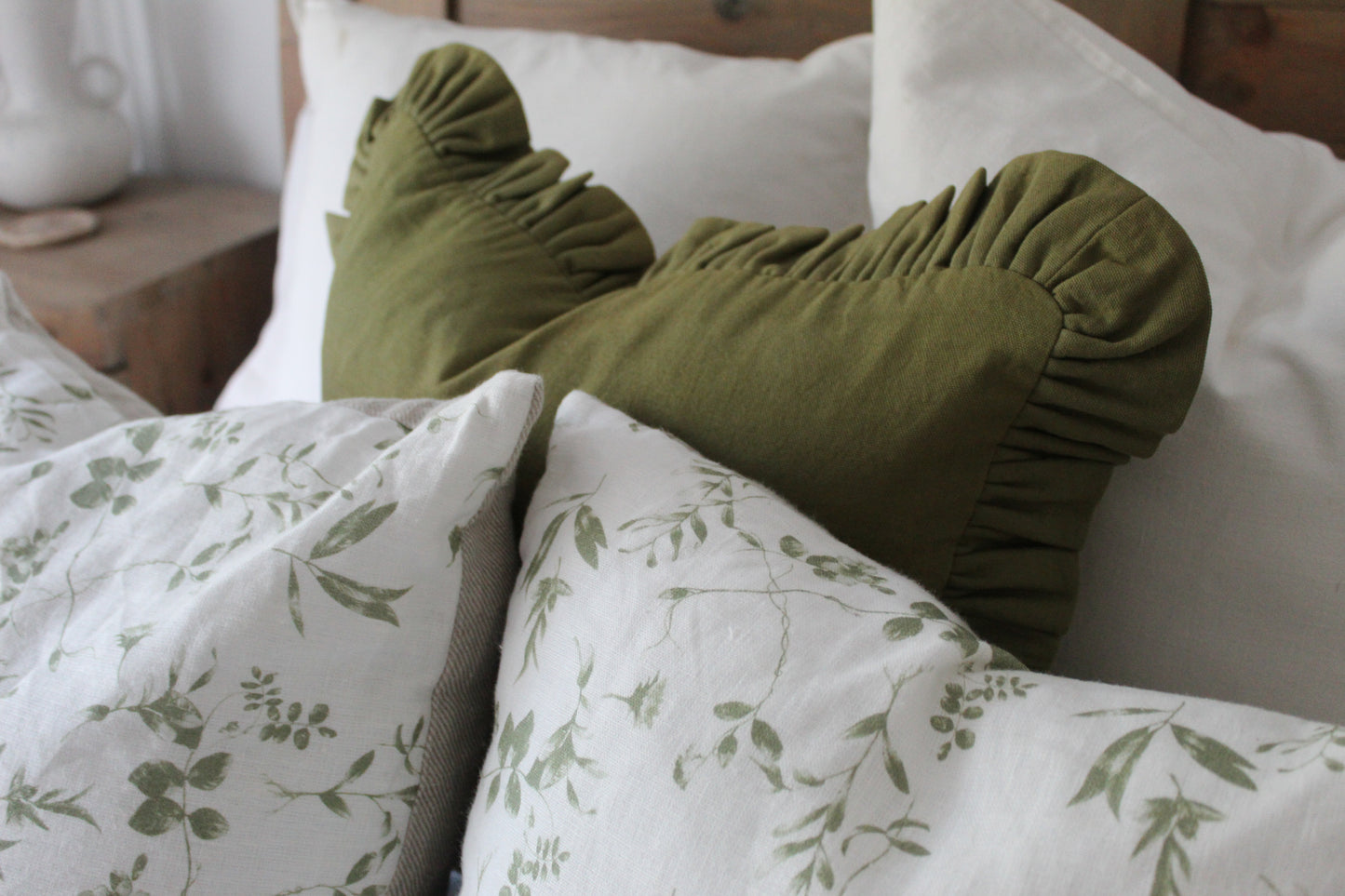 Olive ruffle frill cotton cushion cover 45 x 45xm