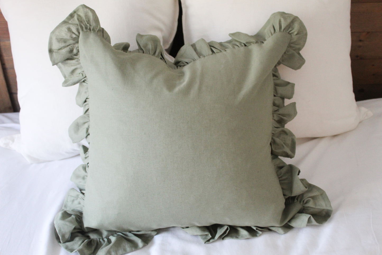 Green ruffle linen cushion cover 45x45cm