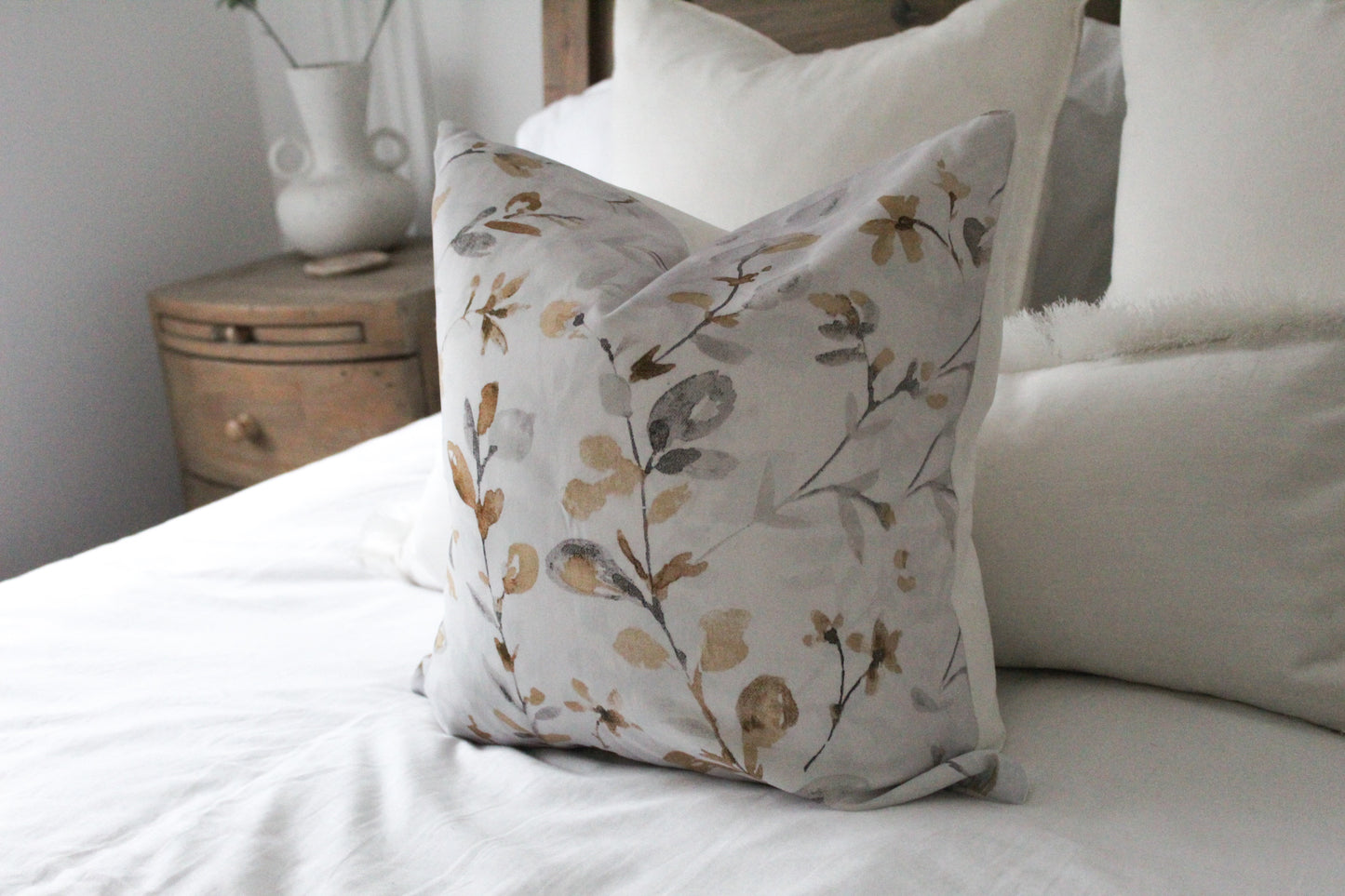 Light grey floral print cotton cushion cover 45 x 45cm