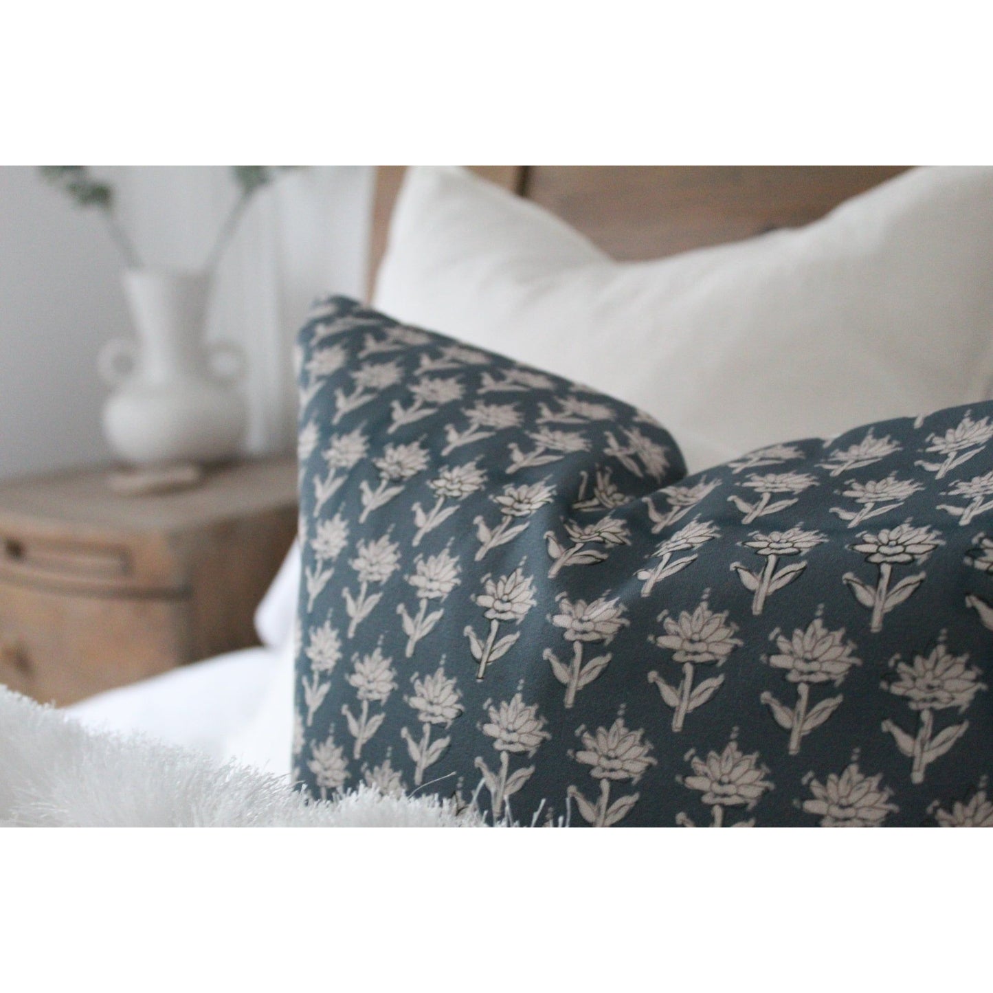 Blue country floral cotton cushion cover 45 x 45cm minimalist linen throw pilllow case farmhouse 18x18 inch