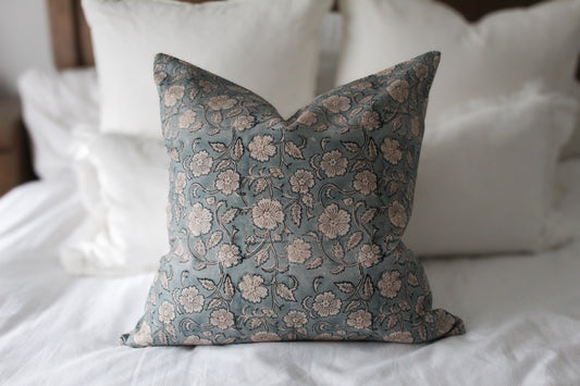 Teal floral print cotton cushion cover 45x45