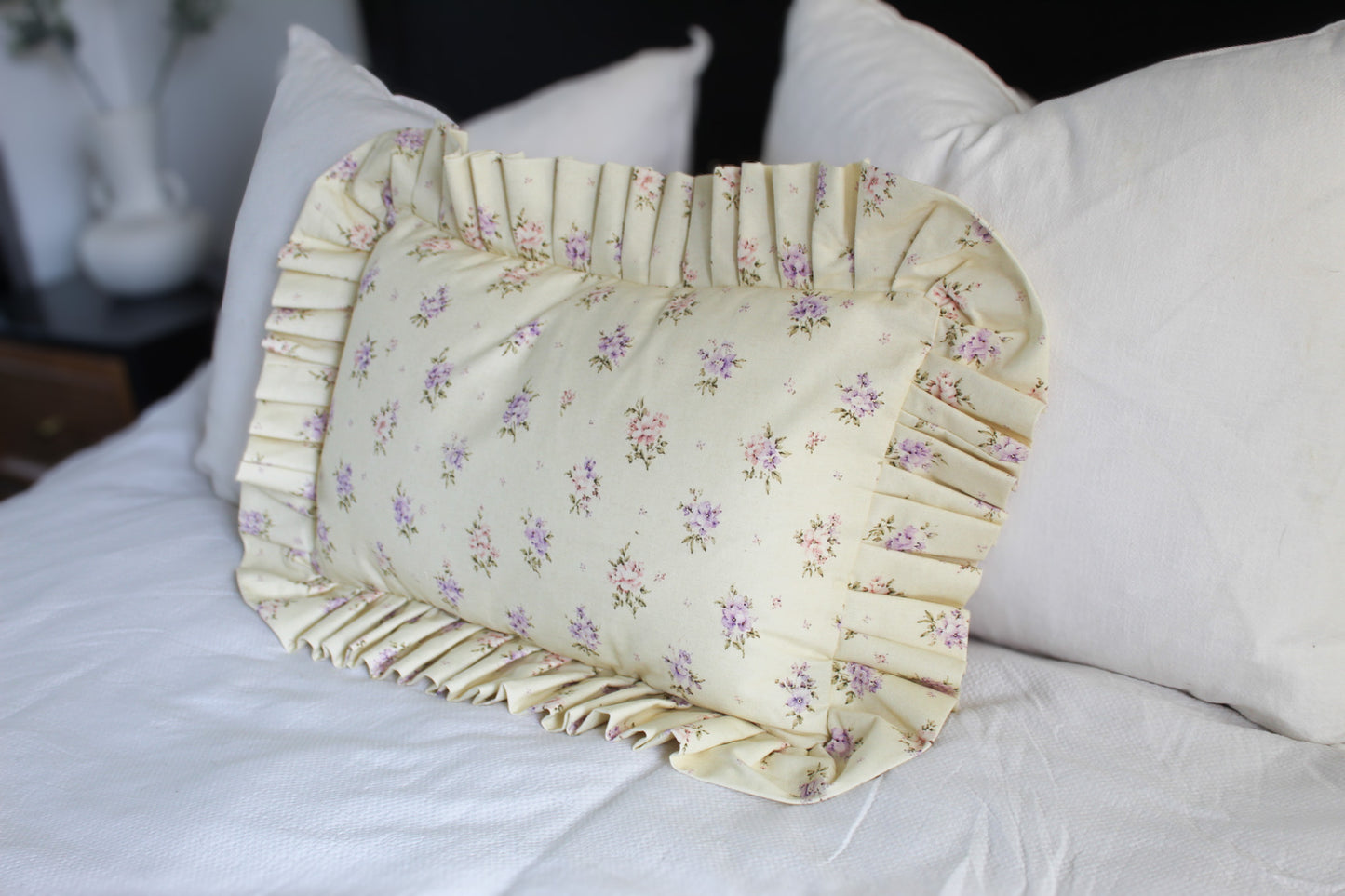 Pastle yellow ruffle floral cotton cushion cover 50x30cm
