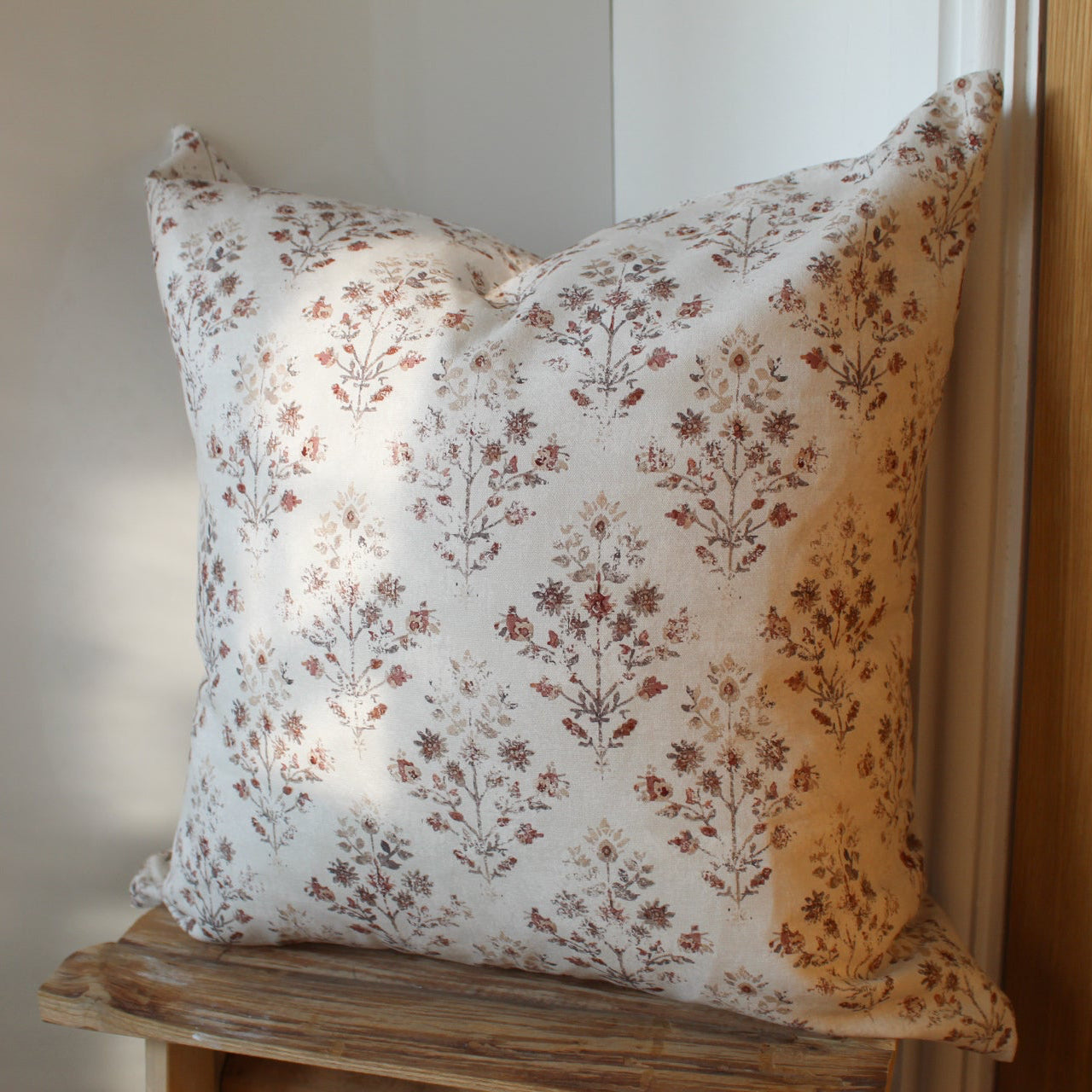 Ivory Floral Cotton Cushion Cover with Vintage Botanical Pattern
