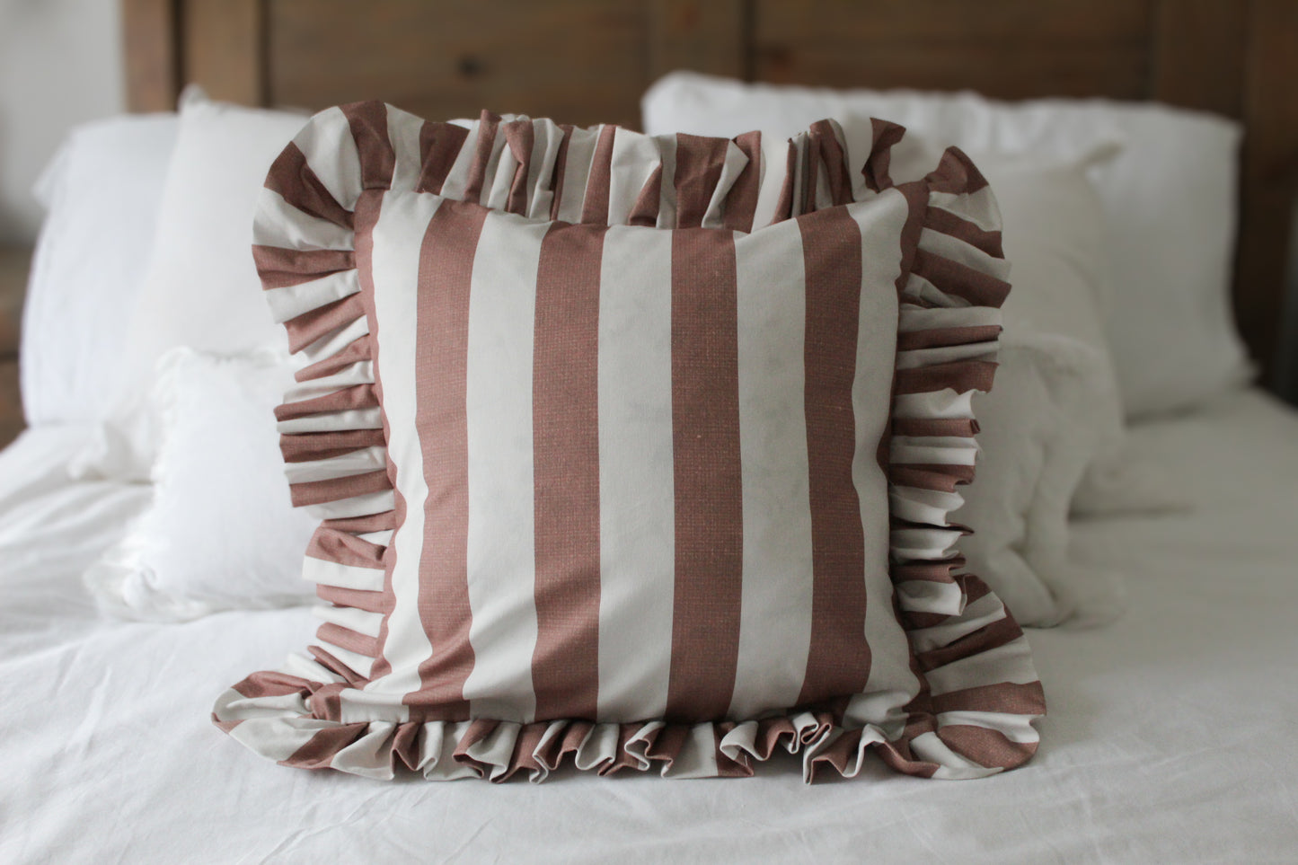 Blush stripe Ruffle Cotton Cushion with duck feather insert 45x45cm, Brown frilly soft linen Pillow, Texture fringe country style cushion