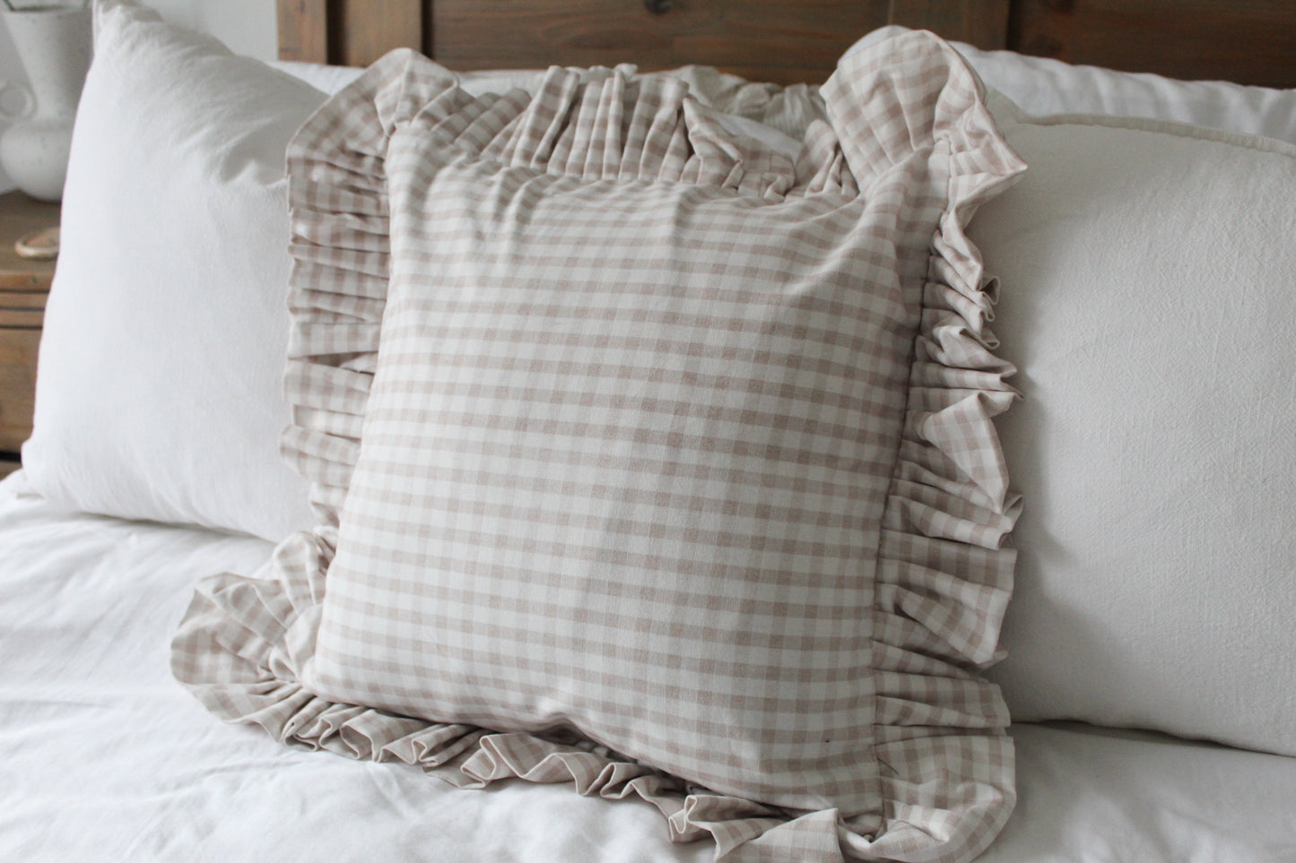 Beige check ruffle Cotton Cushion with duck feather insert 45x45cm , Neutral frilly throw pillow, beige and white cushions