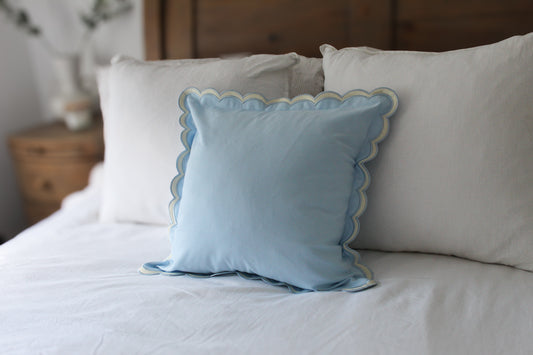 Blue scalloped edge cushion with duck feather insert 45x45cm