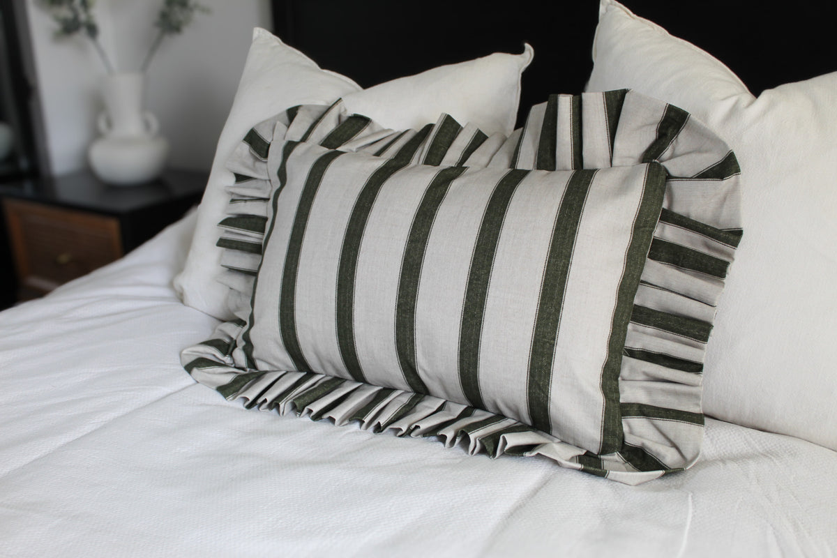 Frilly green stripe cushion cover