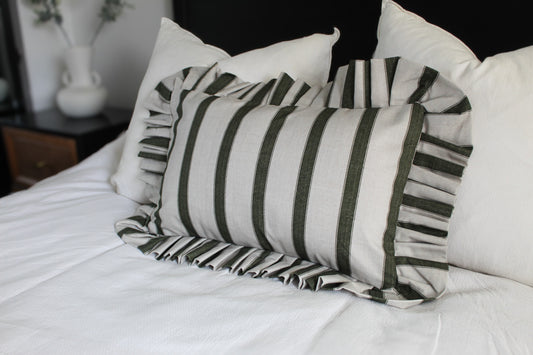 Frilly green stripe cushion cover