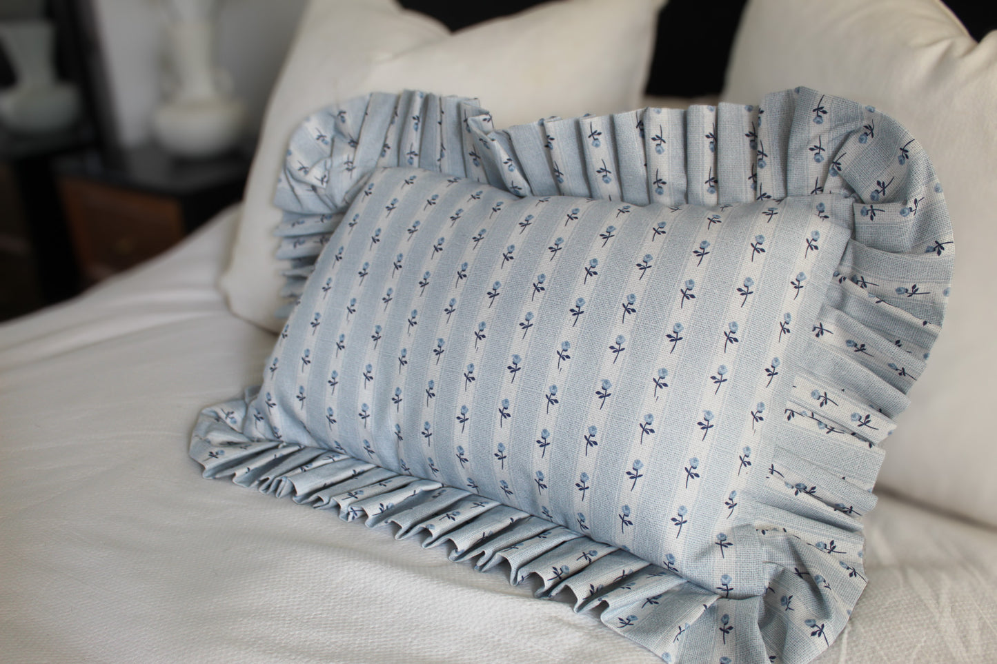 Pastle blue ruffle cotton lumbar cushion 50x30cm