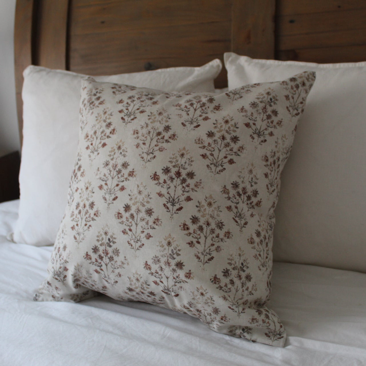 Ivory Floral Cotton Cushion Cover with Vintage Botanical Pattern