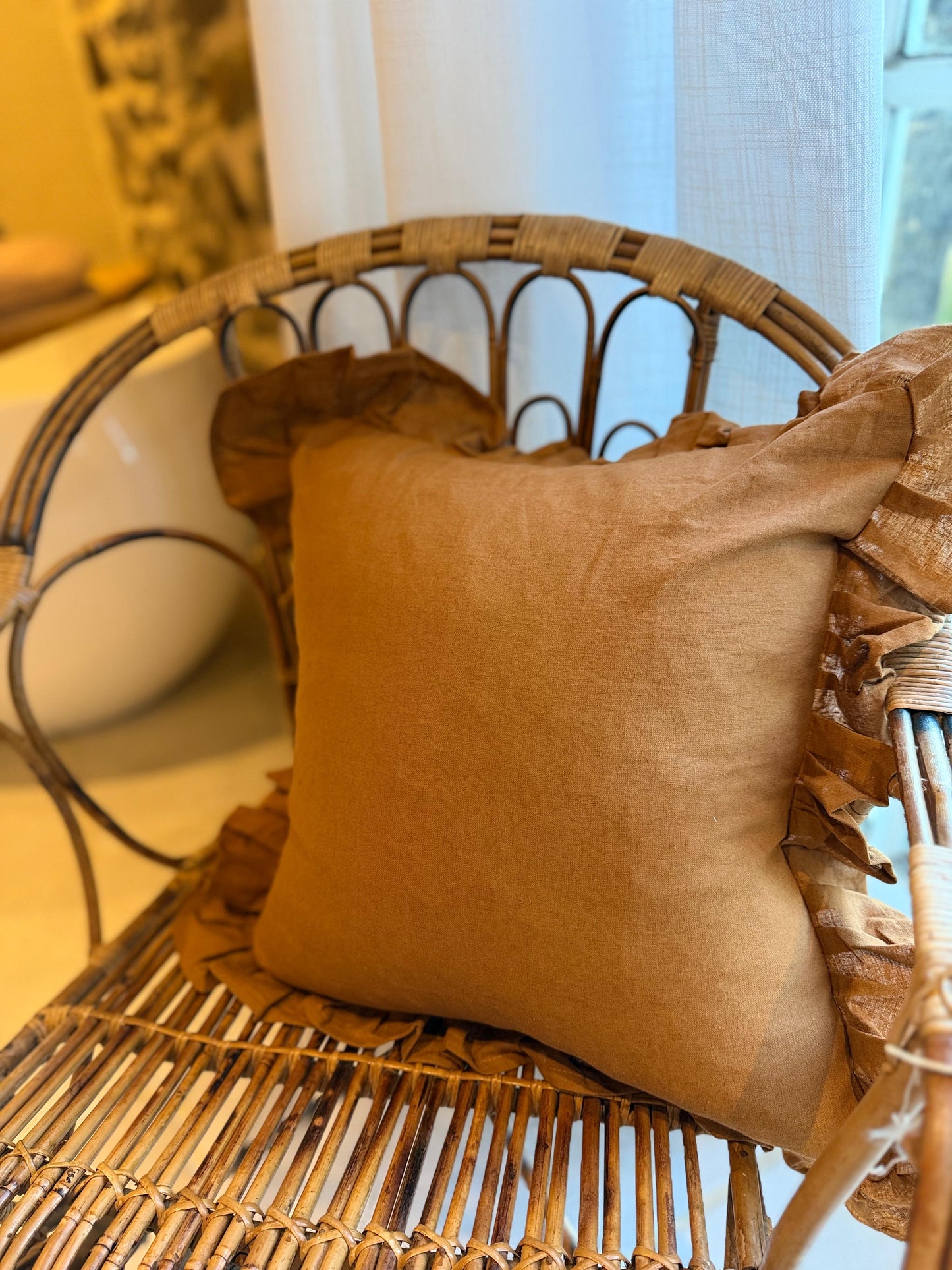 Terracotta ruffle linen cushion 45 x 45cm