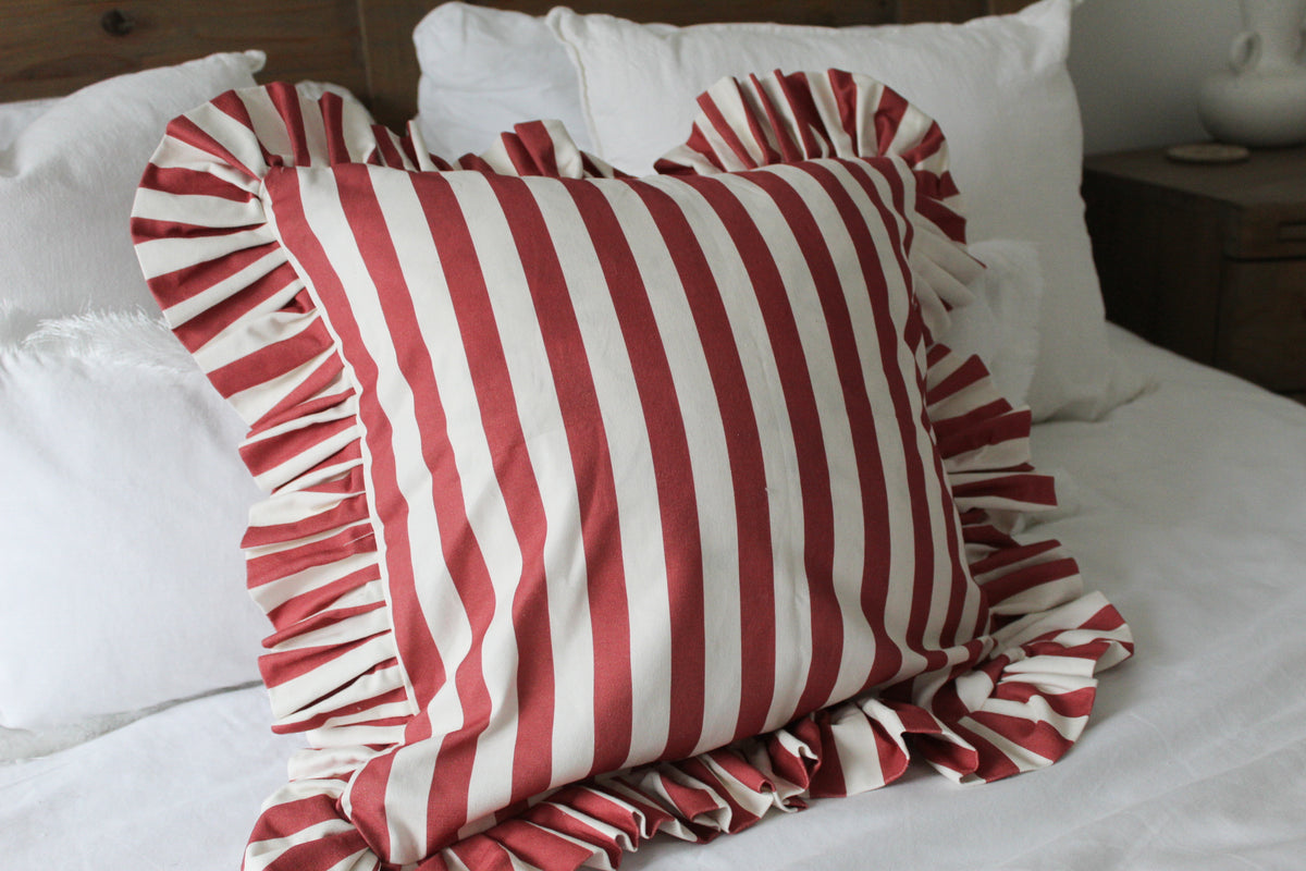 Red stripe ruffle cushion