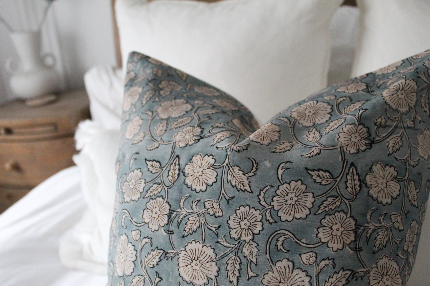 Teal floral print cotton cushion cover 45x45