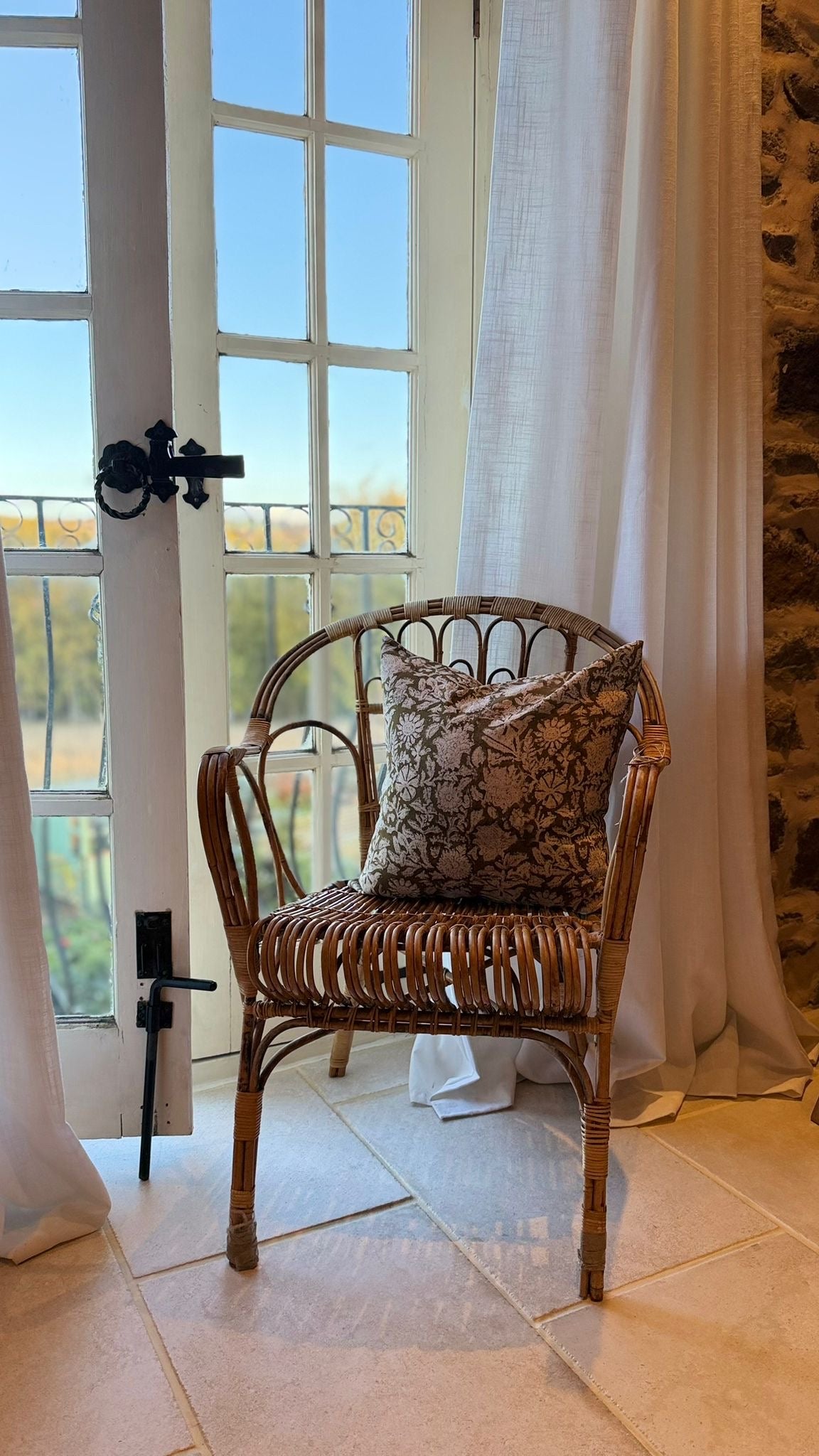 Green country style floral cotton cushion with duck feather insert 45 x 45cm