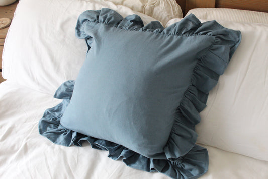 Blue ruffle linen Cushion with duck feather insert 45x45cm , Light blue frilly throw pillow, Blue country fringe cushion with insert