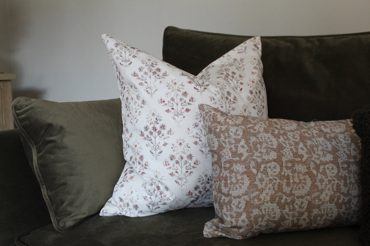 Ivory Floral Cotton Cushion Cover with Vintage Botanical Pattern