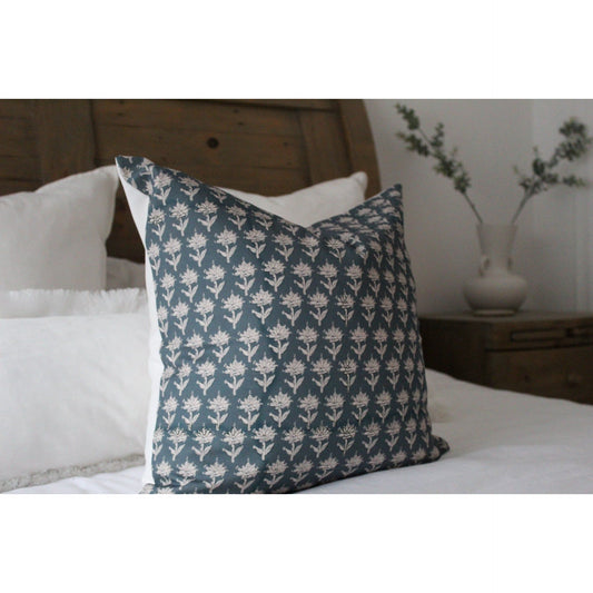 Blue country floral cotton cushion cover 45 x 45cm minimalist linen throw pilllow case farmhouse 18x18 inch