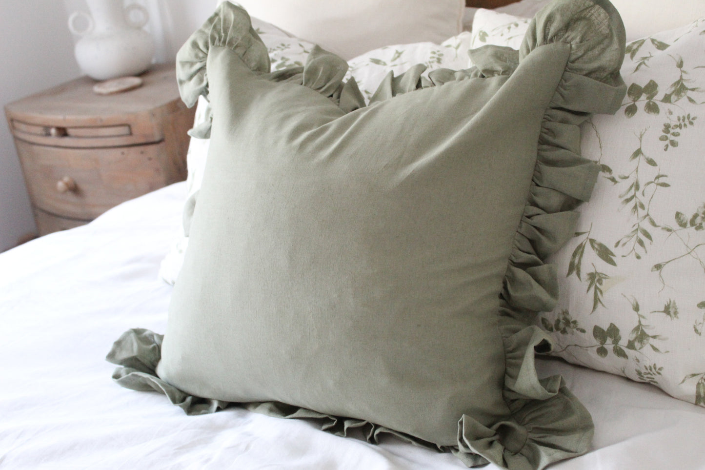 Green ruffle linen cushion cover 45x45cm