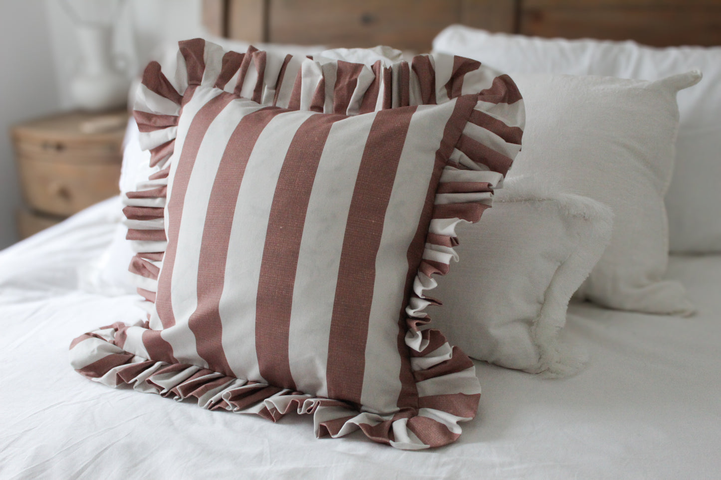 Blush stripe Ruffle Cotton Cushion with duck feather insert 45x45cm, Brown frilly soft linen Pillow, Texture fringe country style cushion