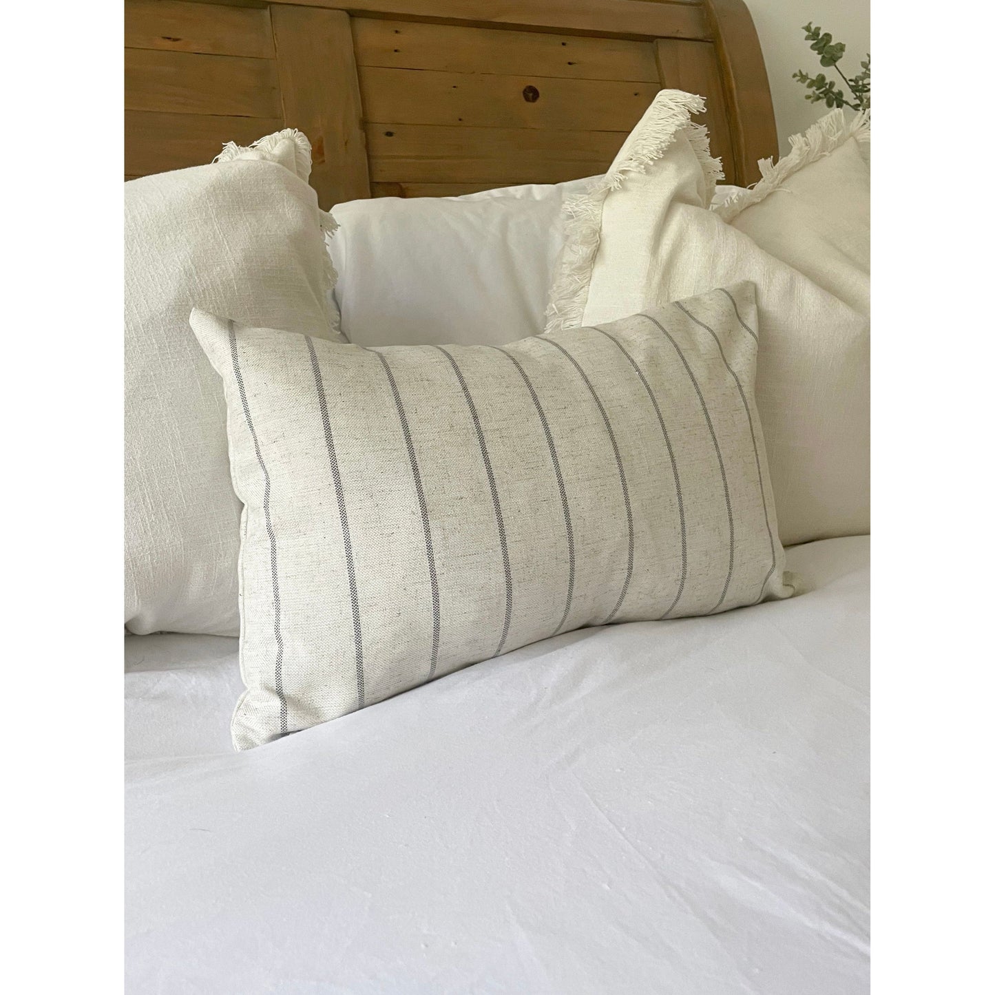 Ivory and grey linen stripe lumbar country style cushion cover 50 x 30cm