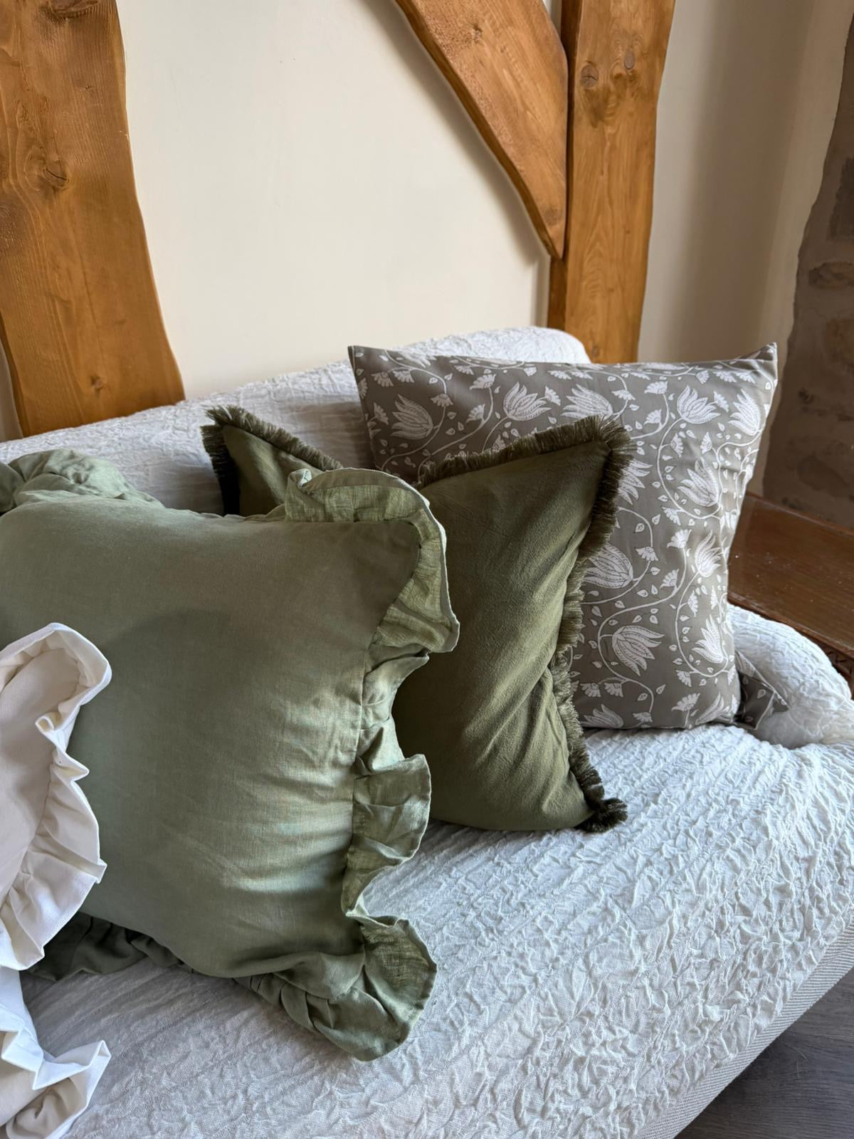 Olive Green Cotton Fringe Cushion with feather insert: Country Pillow (45x45cm)