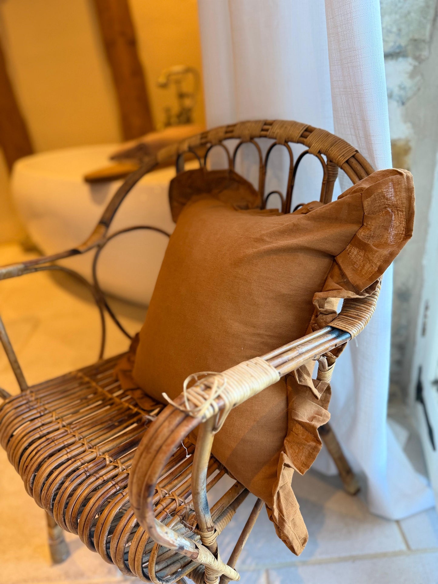 Terracotta ruffle linen cushion 45 x 45cm