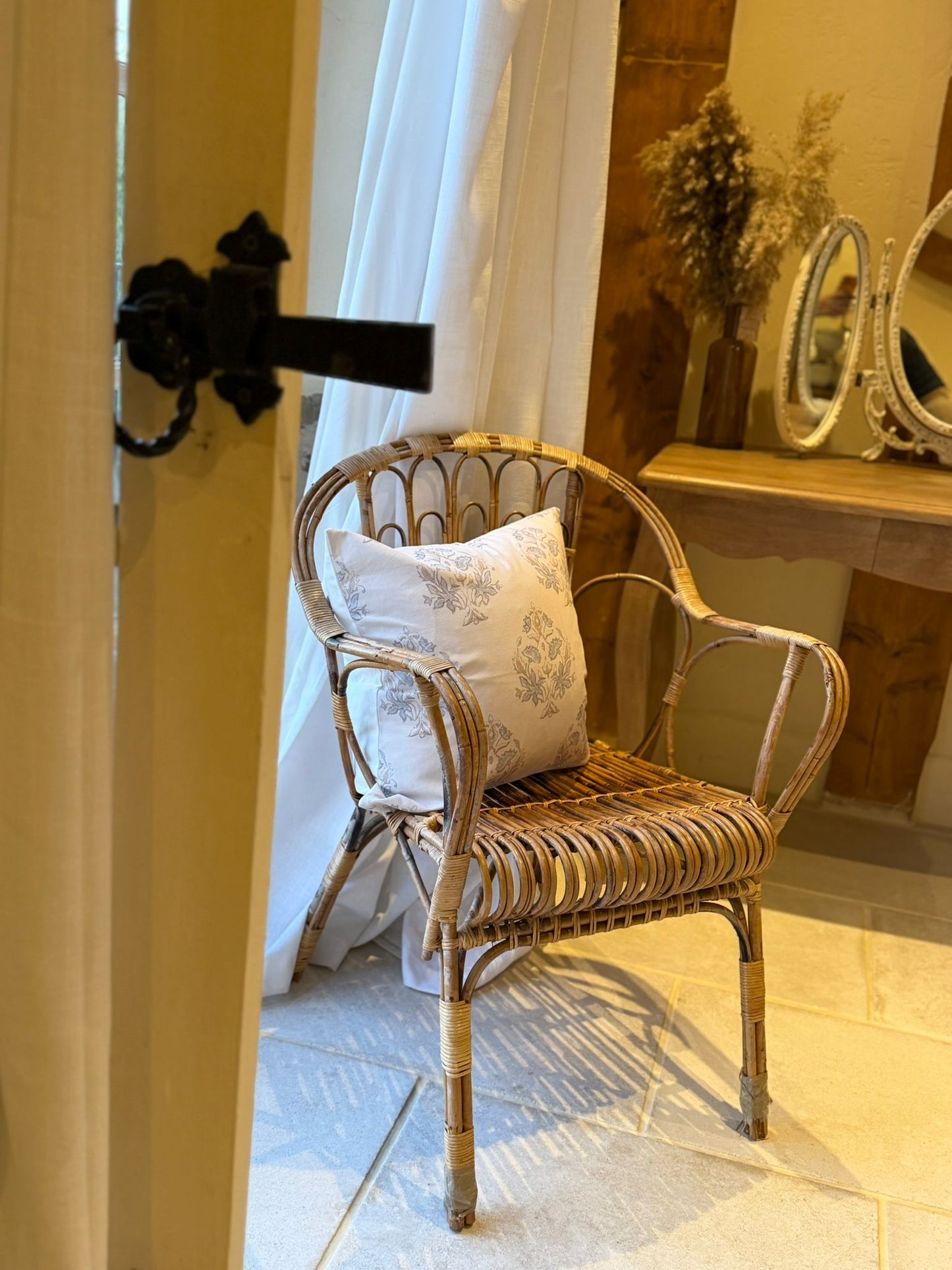 Light grey and blue cotton floral cushion 45 x 45cm