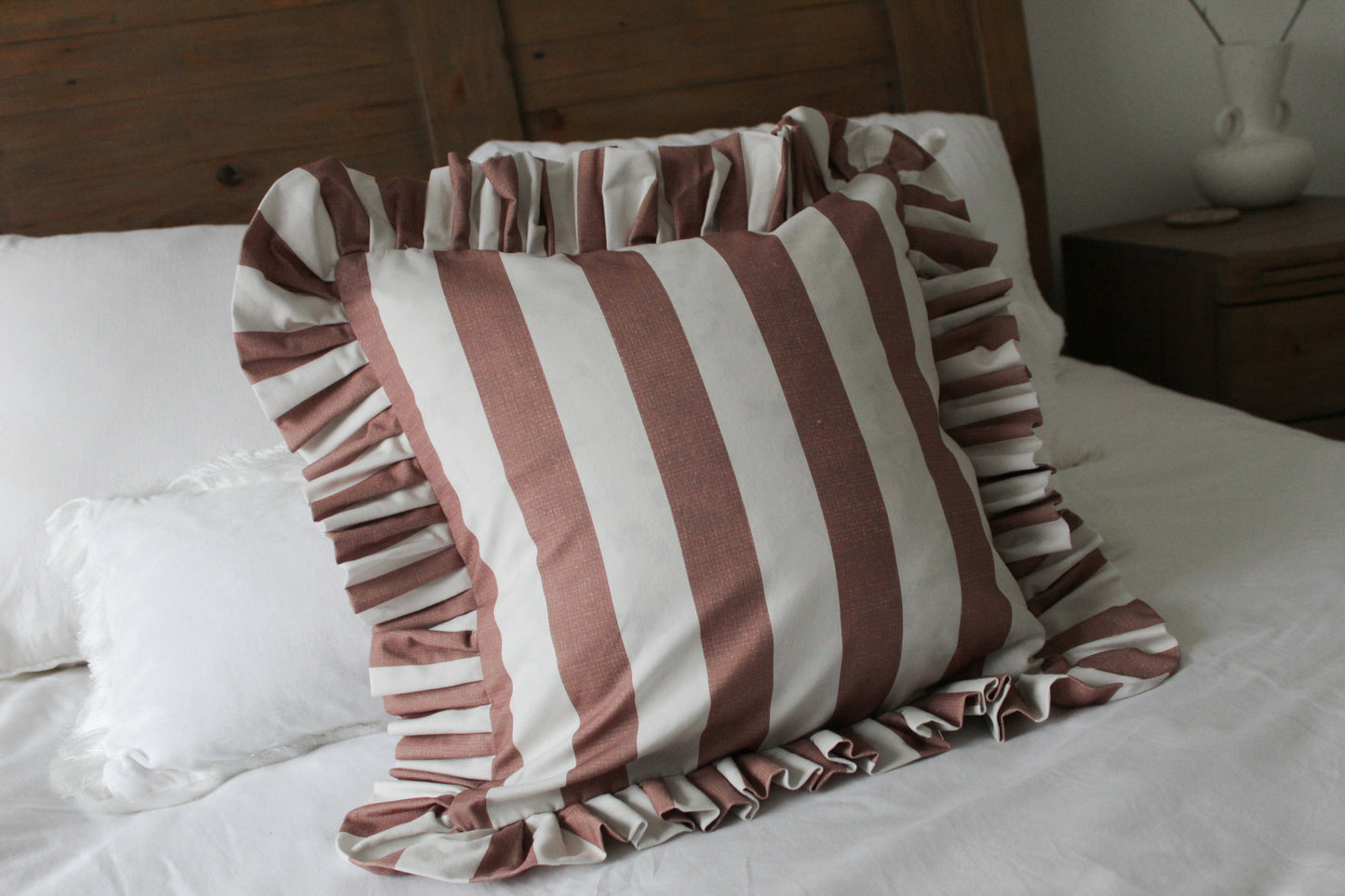 Blush stripe Ruffle Cotton Cushion with duck feather insert 45x45cm, Brown frilly soft linen Pillow, Texture fringe country style cushion