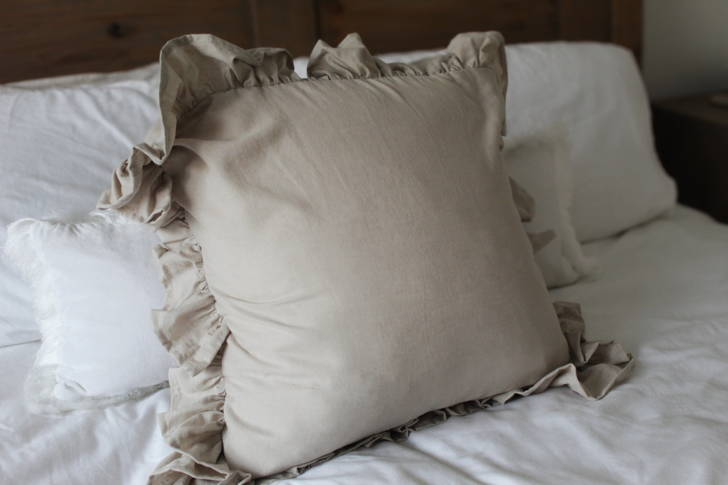 Neutral ruffle linen Cushion with duck feather insert 45x45cm , Neutral frilly throw pillow, Country style cushion