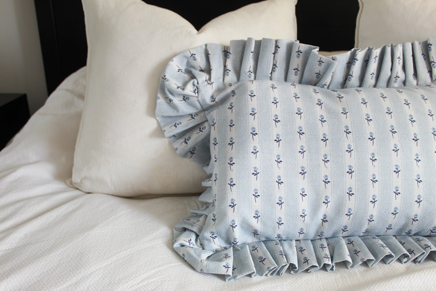 Pastle blue ruffle cotton lumbar cushion 50x30cm