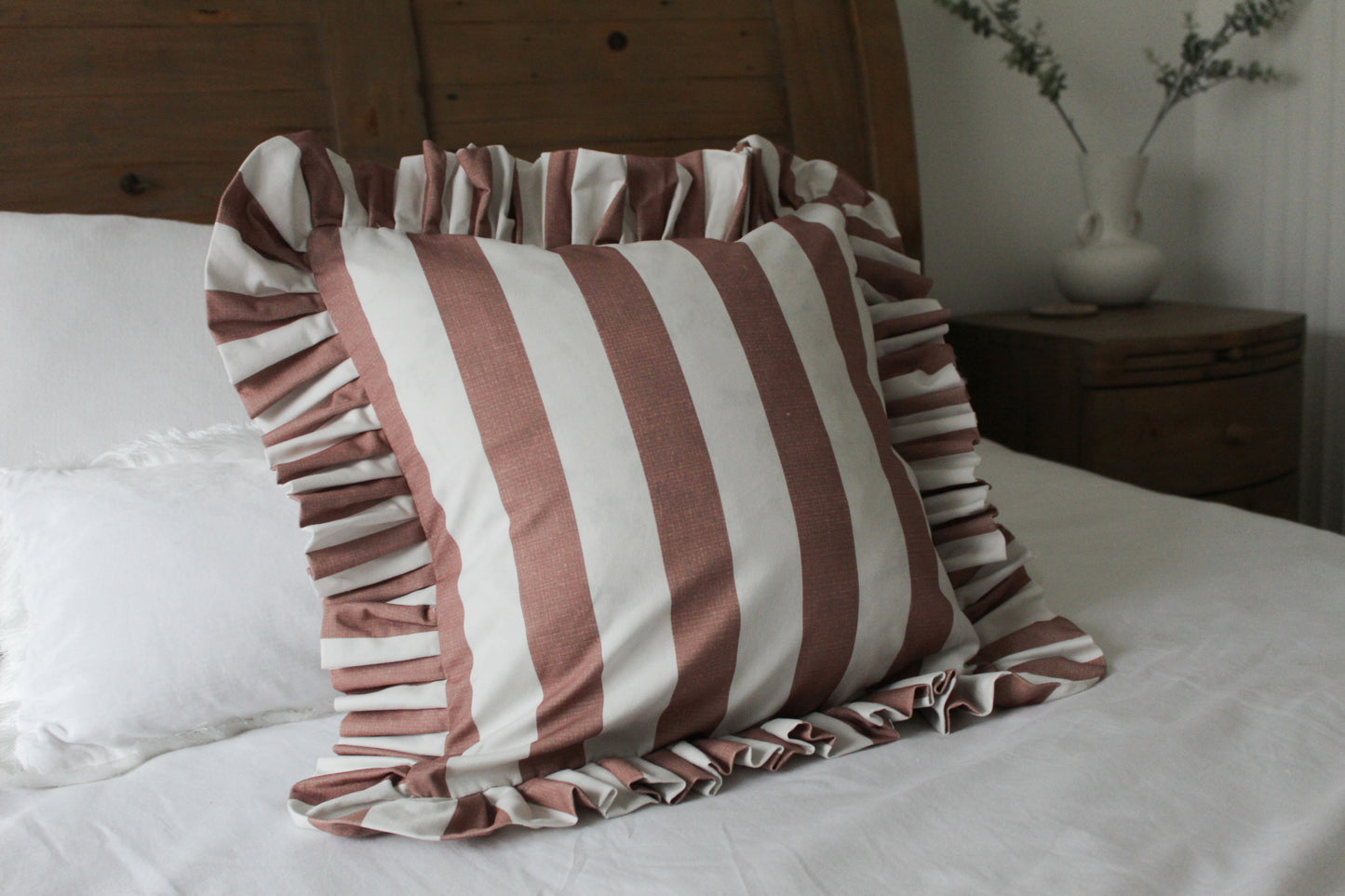 Blush stripe Ruffle Cotton Cushion with duck feather insert 45x45cm, Brown frilly soft linen Pillow, Texture fringe country style cushion