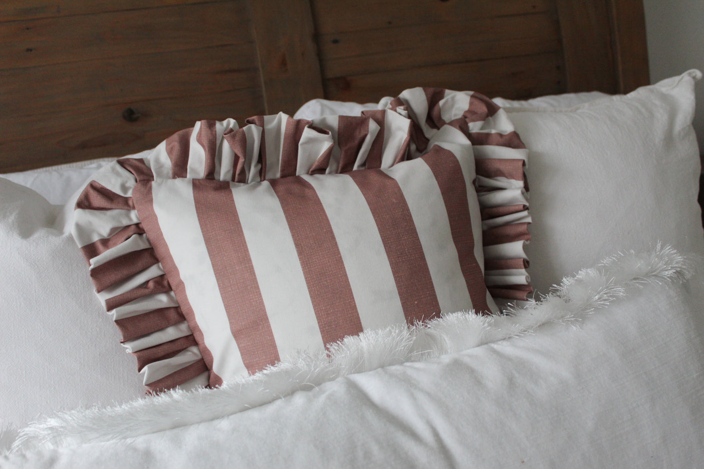 Blush stripe Ruffle Cotton Cushion with duck feather insert 45x45cm, Brown frilly soft linen Pillow, Texture fringe country style cushion