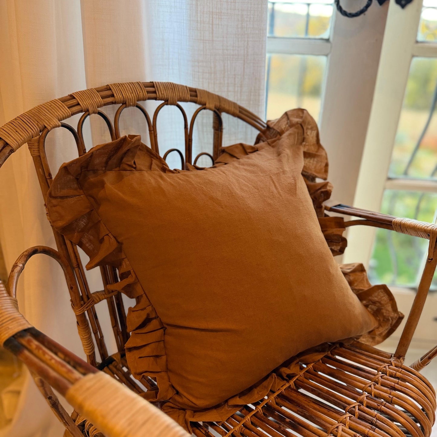 Terracotta ruffle linen cushion 45 x 45cm