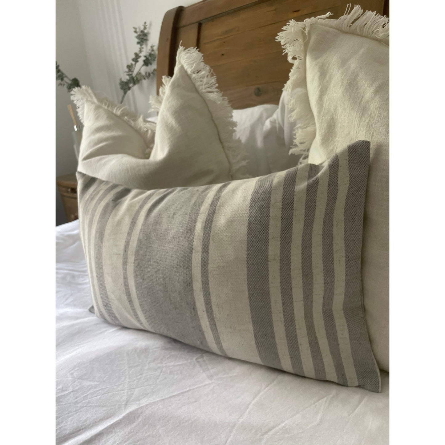 Grey and white linen stripe cushion cover, Minimalistic country style pillow cover, Neutral striped throw cotton cushion cover 2 sizes