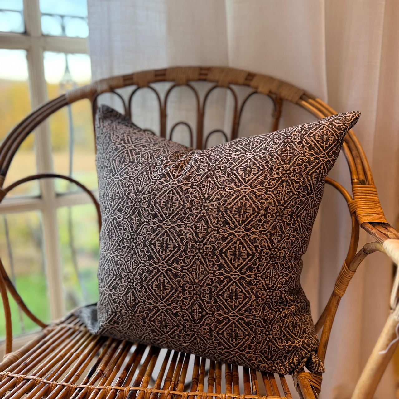 Charcoal patterned cotton cushion with duck feather insert 45x45cm