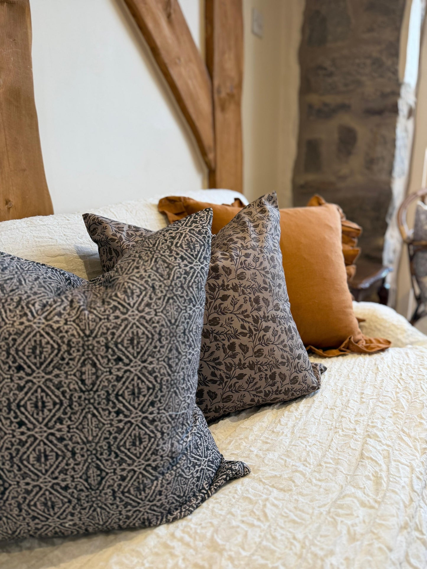 Charcoal patterned cotton cushion with duck feather insert 45x45cm