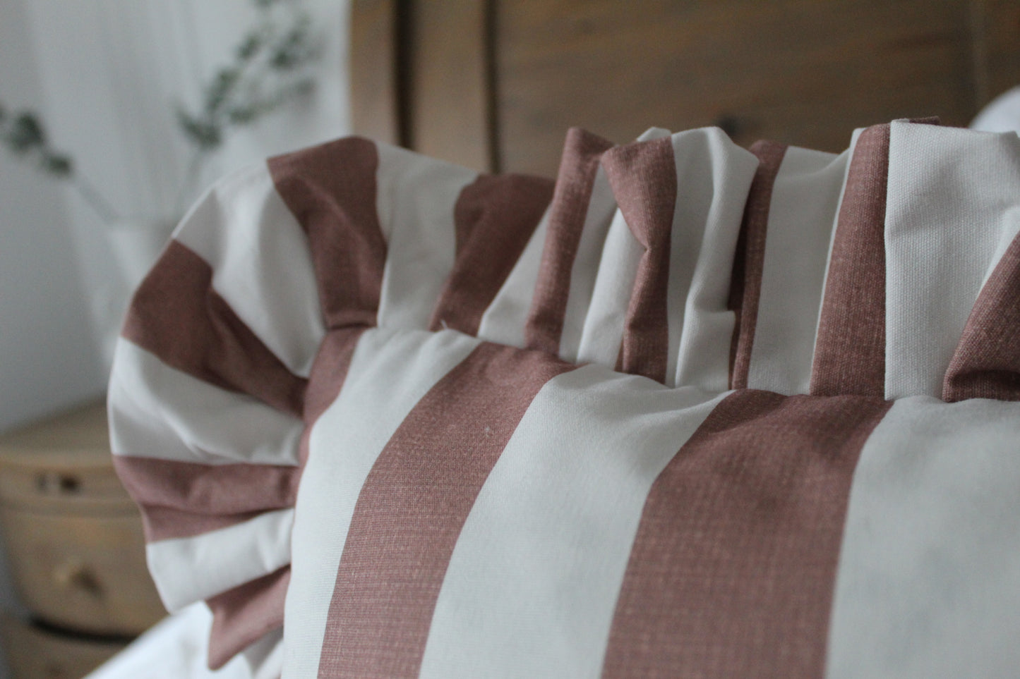 Blush stripe Ruffle Cotton Cushion with duck feather insert 45x45cm, Brown frilly soft linen Pillow, Texture fringe country style cushion