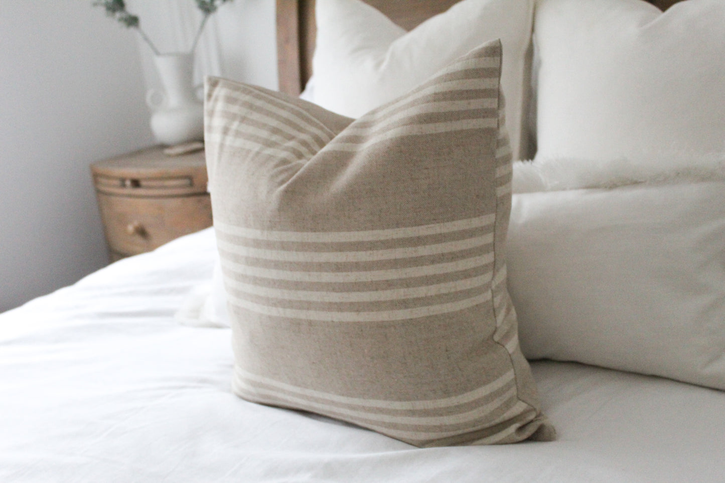 Beige and ivory linen stripe cushion cover 45x45cm, Minimalistic country style pillow cover, Neutral striped throw cotton cushion cover