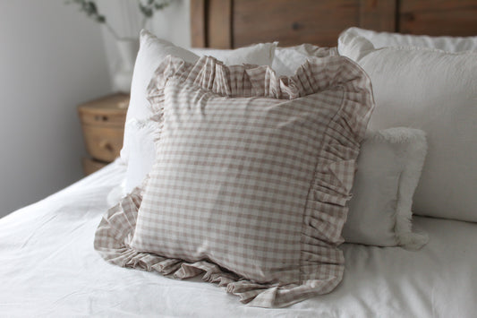 Beige check ruffle Cotton Cushion with duck feather insert 45x45cm , Neutral frilly throw pillow, beige and white cushions