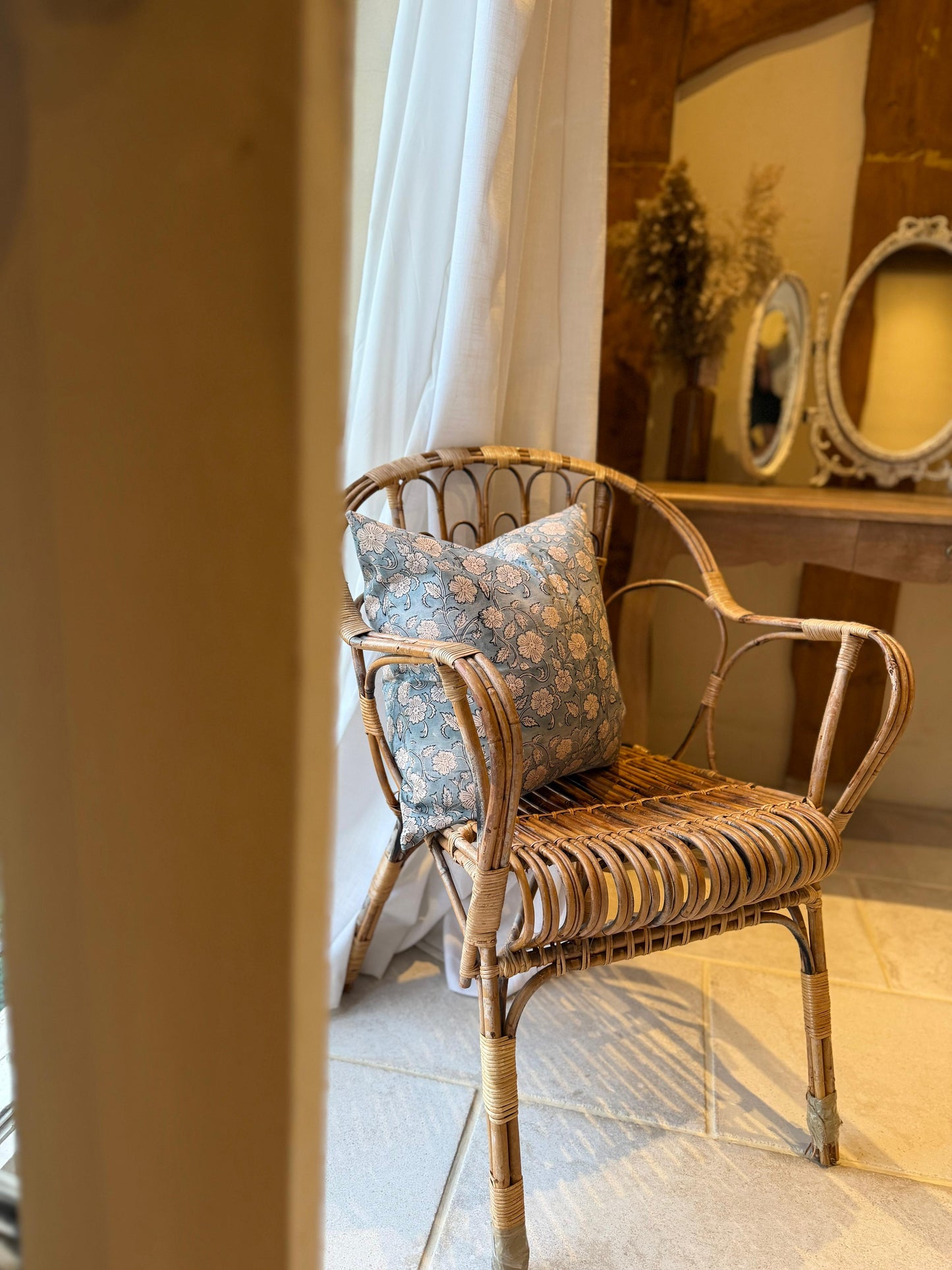 Teal floral print cotton cushion 45x45