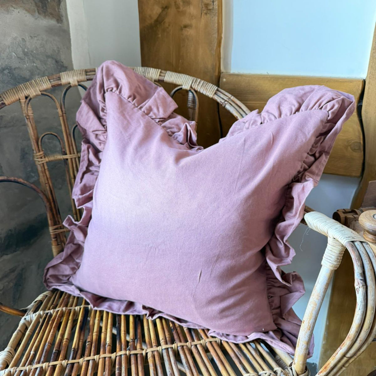 Blush ruffle cotton cushion 45 x 45