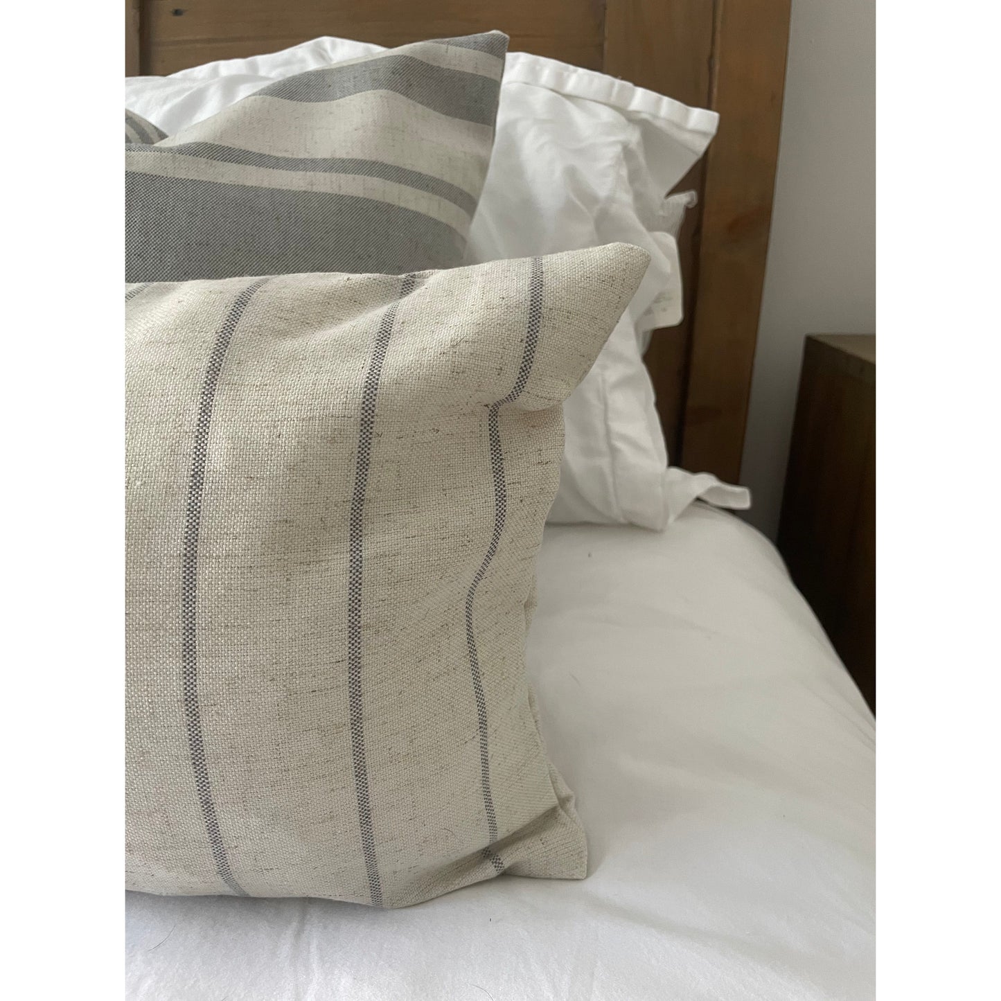 Ivory and grey linen stripe lumbar country style cushion cover 50 x 30cm