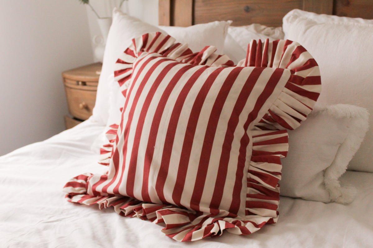 Red stripe ruffle cushion