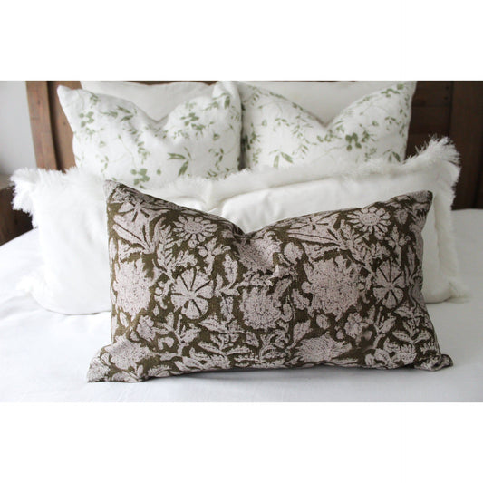 Lumbar green floral cotton cushion cover 50 x 30cm